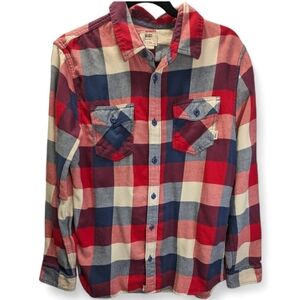 Vans Mens Red and Blue Plaid Shacket Casual Button Down Shirt Size M